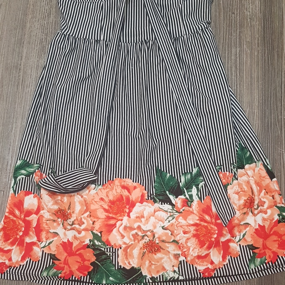 No Boundaries Black and White Strapless Dress with Orange Floral